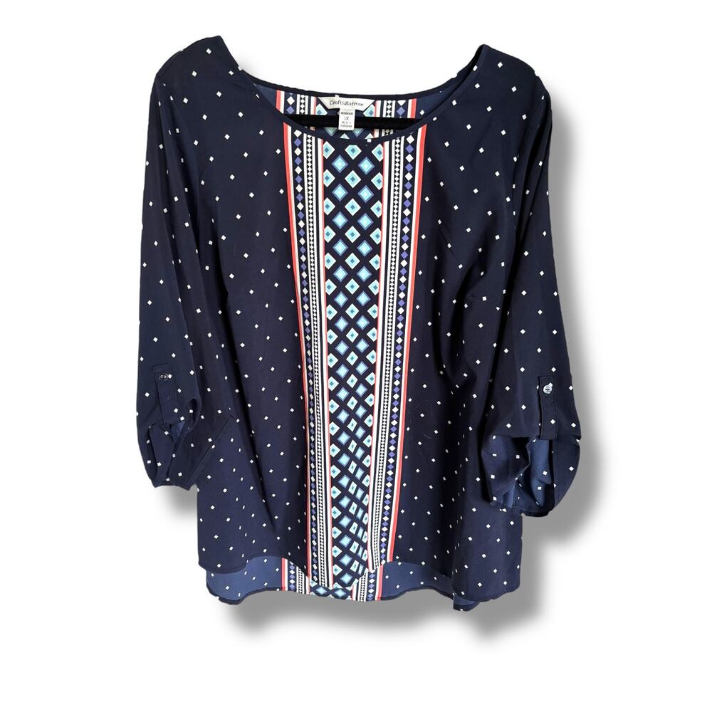 Croft & Barrow Womens Roll Tab Sleeve Geometric Print Blouse Navy Blue Print 1X